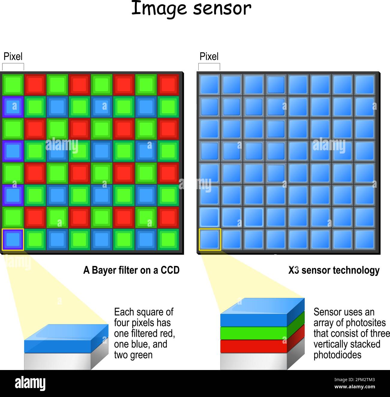 Structural Comparison between X3 Sensor and Bayer Filter Array CCD—The Principle of Photoelectric Conversion in Sensor Pixels (Image Source: Alamy)
