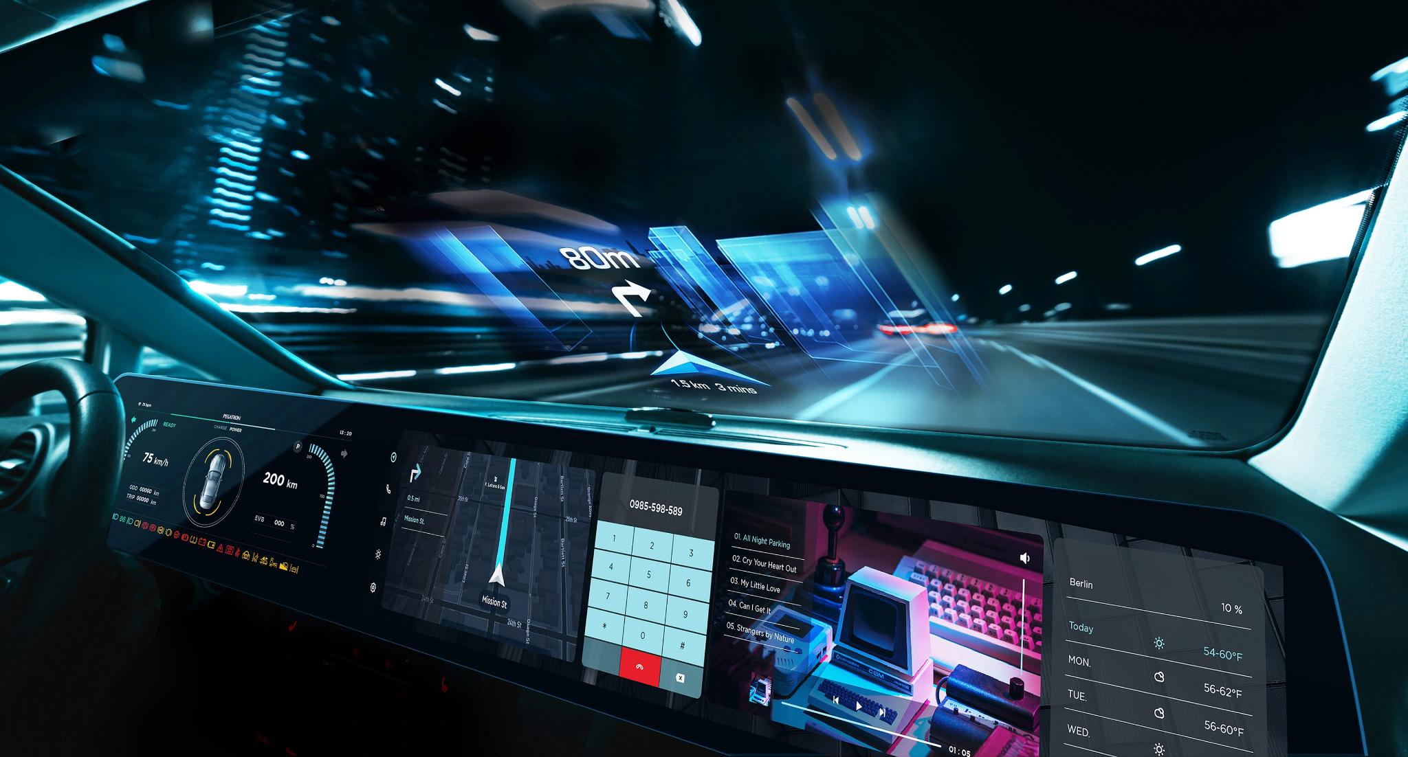 Nexis Smart Cockpit Immersive Driving Experience—A multi-screen cockpit design merging the instrument cluster and center screen (Image Source: iF Design / Nexis)